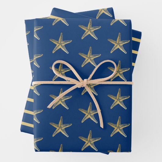 Blauwe en goudmakreel Nautical Stripe Inpakpapier Vel (In situ)