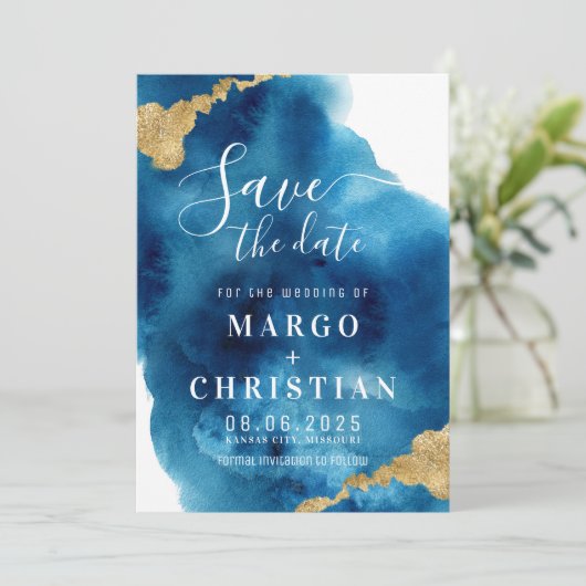 Blauwe en goudWaterverf sparen de Datum Uitnodigin Kaart (Staand voorkant)