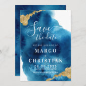 Blauwe en goudWaterverf sparen de Datum Uitnodigin Kaart (Voorkant / Achterkant)
