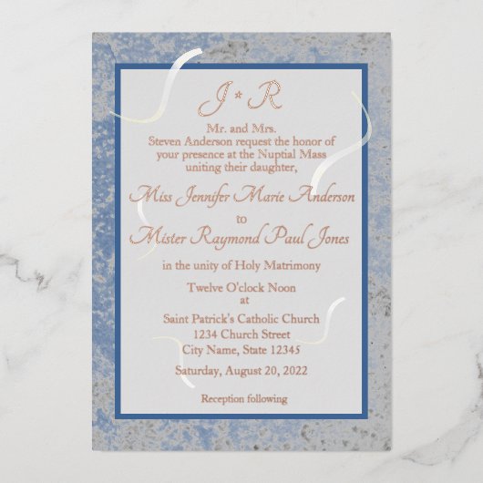 Blauwe en grijze marmer katholieke monogrammed Wed Folie Uitnodiging (Voorkant)