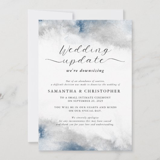Blauwe en grijze Waterverf bruiloft Downsizing Upd Aankondiging (Voorkant)