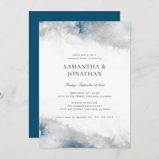 Blauwe en grijze Waterverf bruiloft Kaart (Voorkant / Achterkant)