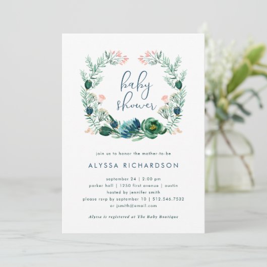 Blauwe en groene bloemen Waterverf | Baby Shower Kaart (Staand voorkant)