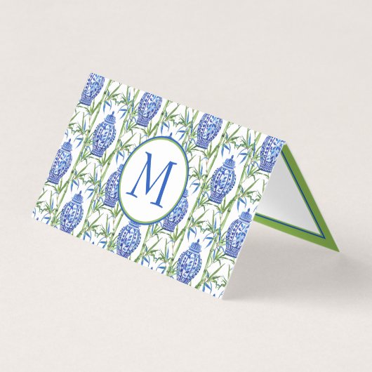 Blauwe en groene gemberpotten en bamboe monogram kaart (Voorkant)