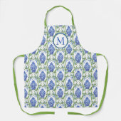 Blauwe en groene gemberpotten en bamboe monogram schort (Voorkant)