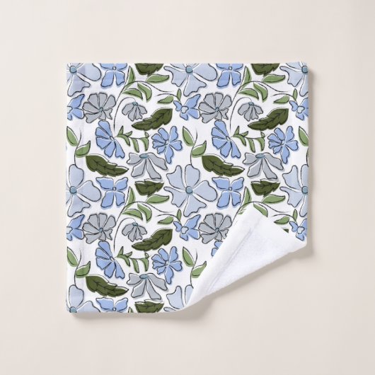 Blauwe en groene Hand Getrokken Bloemblok Print Bad Handdoek (Wasdoekje)