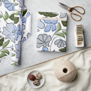 Blauwe en groene Hand Getrokken Bloemblok Print Cadeaupapier