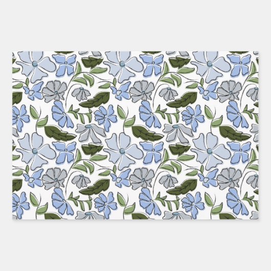 Blauwe en groene Hand Getrokken Bloemblok Print Inpakpapier Vel (Voorkant 3)