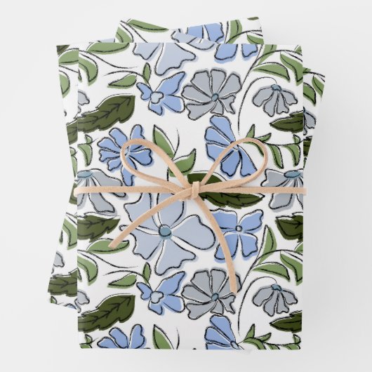 Blauwe en groene Hand Getrokken Bloemblok Print Inpakpapier Vel (In situ)