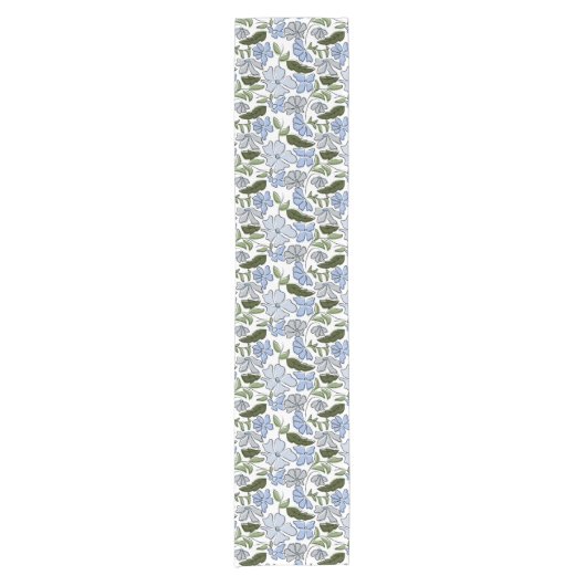 Blauwe en groene Hand Getrokken Bloemblok Print Korte Tafelloper (Voorkant)