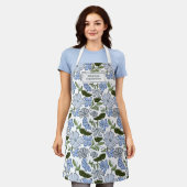 Blauwe en groene Hand Getrokken Bloemblok Print Schort (Gedragen)