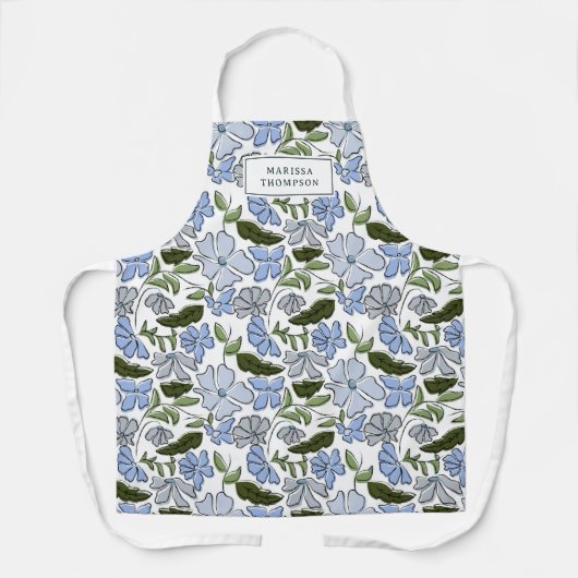 Blauwe en groene Hand Getrokken Bloemblok Print Schort (Voorkant)