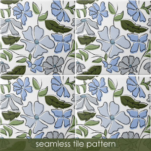 Blauwe en groene Hand Getrokken Bloemblok Print Tegeltje