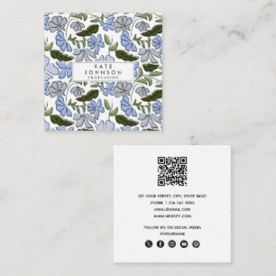 Blauwe en groene Hand Getrokken Bloemblok Print Vierkante Visitekaartje