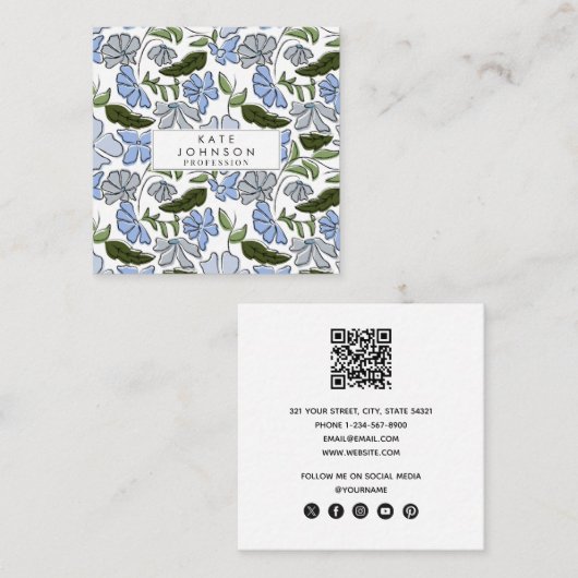 Blauwe en groene Hand Getrokken Bloemblok Print Vierkante Visitekaartje (Voorkant / Achterkant)