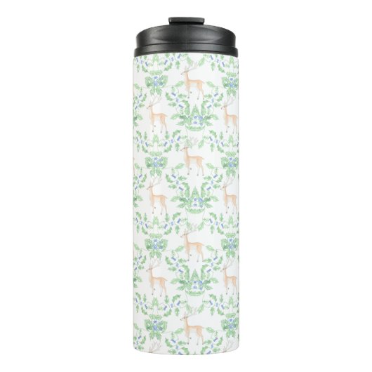 Blauwe en groene Holly Trellis met herten Thermosbeker (Voorkant)