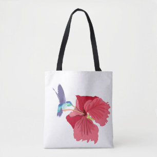 Blauwe en groene Hummingbird en rode Hibiscus Draagtas
