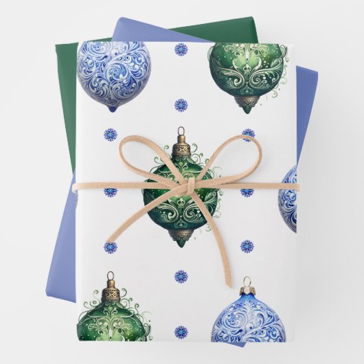 Blauwe en Groene Kerstversieringen & Matching Inpakpapier Vel (In situ)