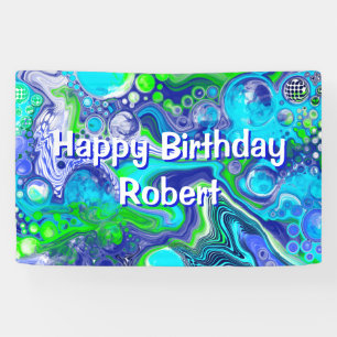 Blauwe en groene marmer Swirls Birthday Party Spandoek