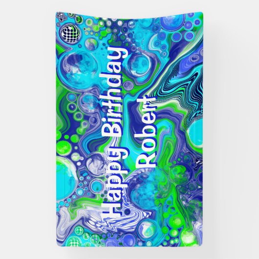 Blauwe en groene marmer Swirls Birthday Party Spandoek (Verticaal)