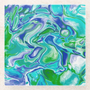Blauwe en groene marmervochtige kunst Abstract Glazen Onderzetter