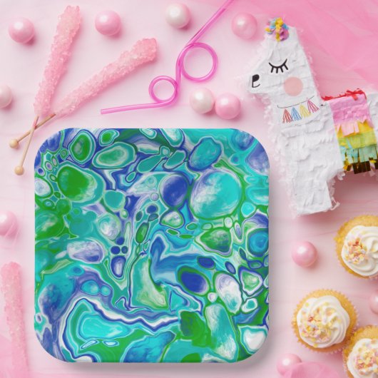Blauwe en groene marmervochtige kunst Abstract Papieren Bordje (Feest)