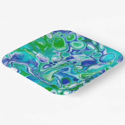 Blauwe en groene marmervochtige kunst Abstract Papieren Bordje (Gebogen)