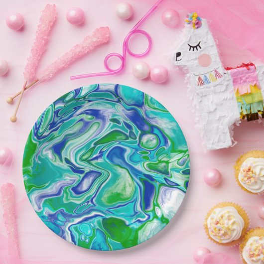 Blauwe en groene marmervochtige kunst Abstract Papieren Bordje (Feest)