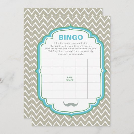 Blauwe en groene Mustach Baby shower Bingo Game Ka Kaart (Voorkant / Achterkant)