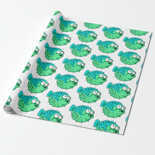 blauwe en groene puffer vis met grote ogen porcupi cadeaupapier (Uitgerold)