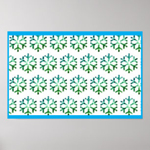 Blauwe en groene sneeuwvlok op een kerstmuur poster
