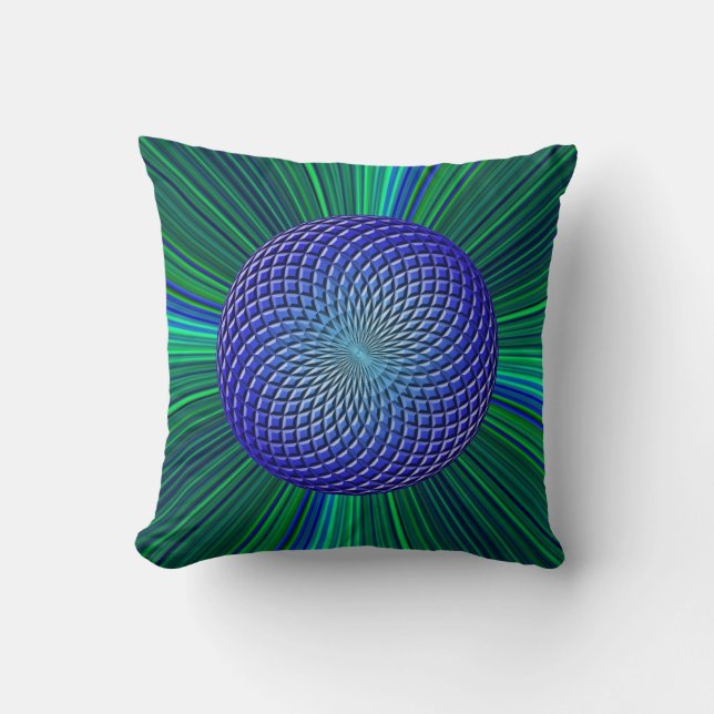 Blauwe en groene ster-burst met Orb Pillow Kussen (Voorkant)