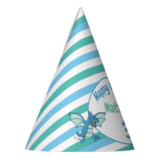 Blauwe en groene strepen en dragodinosaurussen feesthoedjes (Links)