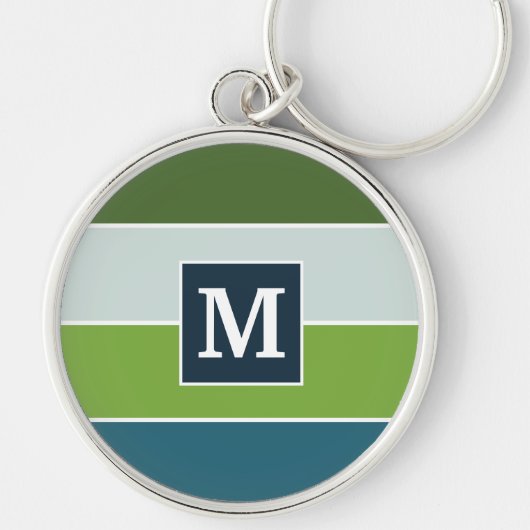 Blauwe en groene strepen met Monogram Sleutelhanger (Voorkant)