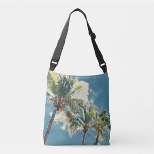 Blauwe en groene tropische palmboom crossbody tas