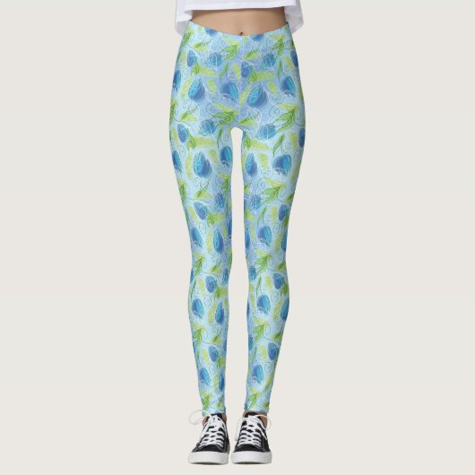 Blauwe en groene tulpen leggings (Voorkant)