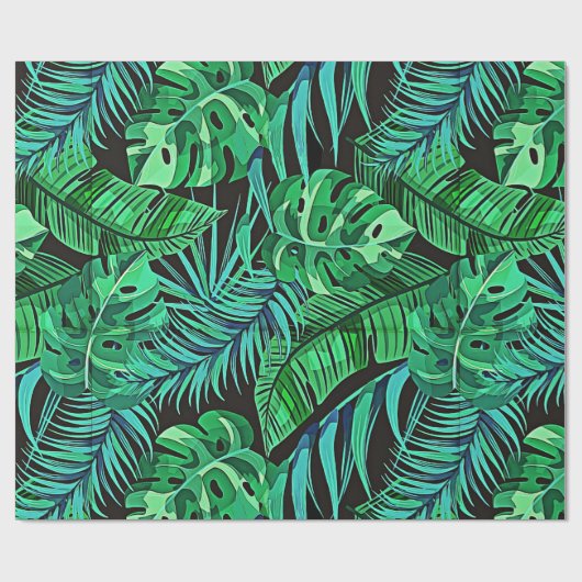 Blauwe en groene veren en tropische bladeren cadeaupapier (Vlak)