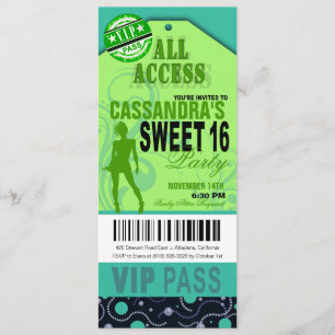 Blauwe en groene VIP Sweet 16 Ticket Party Kaart