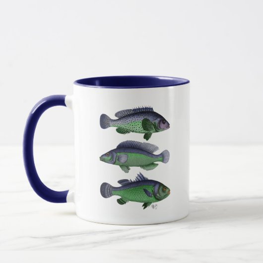 Blauwe en groene vistrio mok (Links)