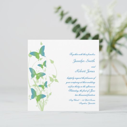 Blauwe en Groene Vlinder Vine Bruiloft Uitnodiging (Staand voorkant)