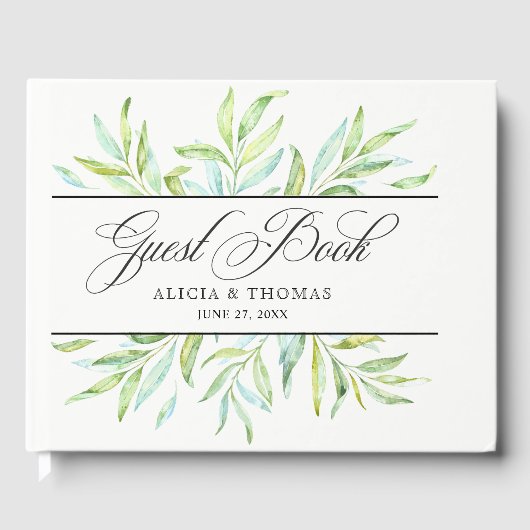 Blauwe en groene Waterverf bladeren Gastenboek (Voorkant)