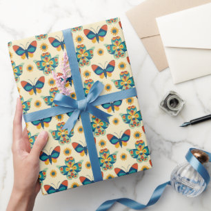 Blauwe en Groene Waterverf Vlinder Cadeaupapier