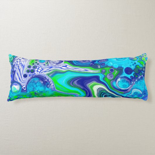 Blauwe en kalkgroene Abstracte Fluid Art Lichaamskussen (Voorkant)
