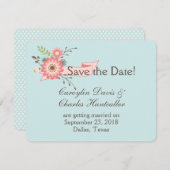 Blauwe en koraalrode bloemige trouwkaart om de dat kaart (Voorkant / Achterkant)