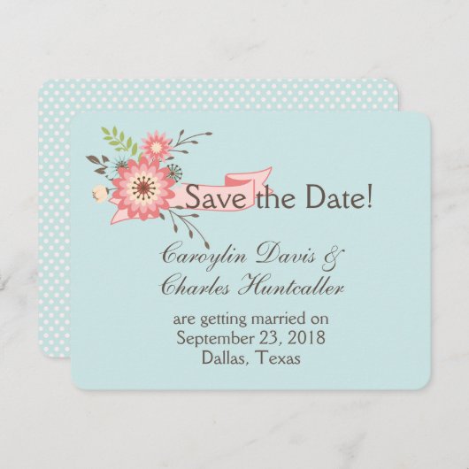 Blauwe en koraalrode bloemige trouwkaart om de dat kaart (Voorkant / Achterkant)