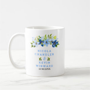 Blauwe en marine bloemen met blad bruiloft koffiemok