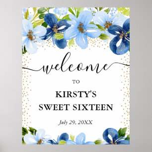 Blauwe en marine bloemen Sweet 16 Welkom Poster