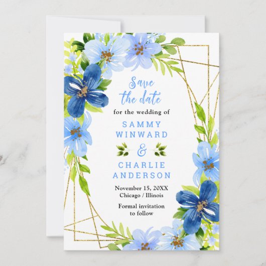 Blauwe en marinebloemen met bruiloftsbloemen save the date (Voorkant)
