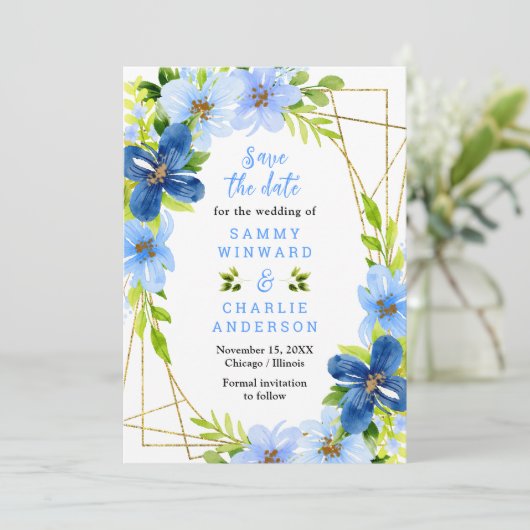 Blauwe en marinebloemen met bruiloftsbloemen save the date (Staand voorkant)
