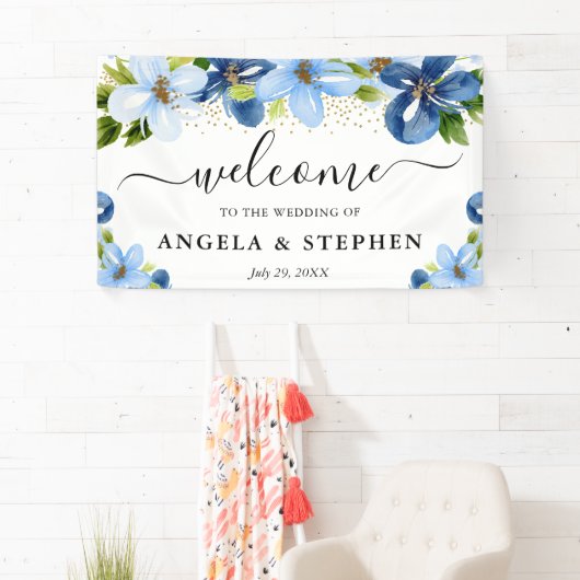 Blauwe en Navy Bloemen Bruiloft Welkom Spandoek (Insitu)